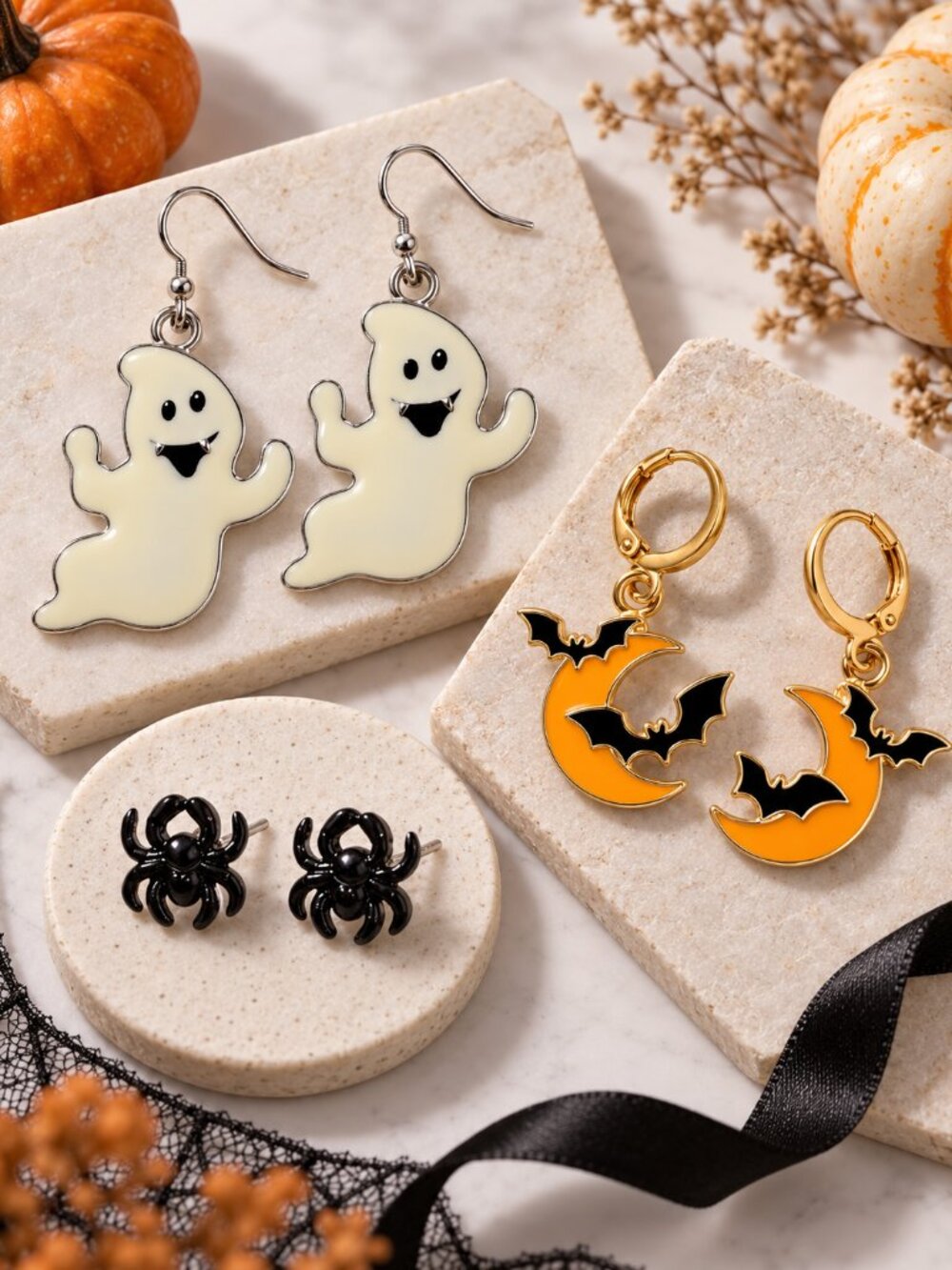 Halloween Earrings Set Ghost Spider Bat Moon Cute Spooky